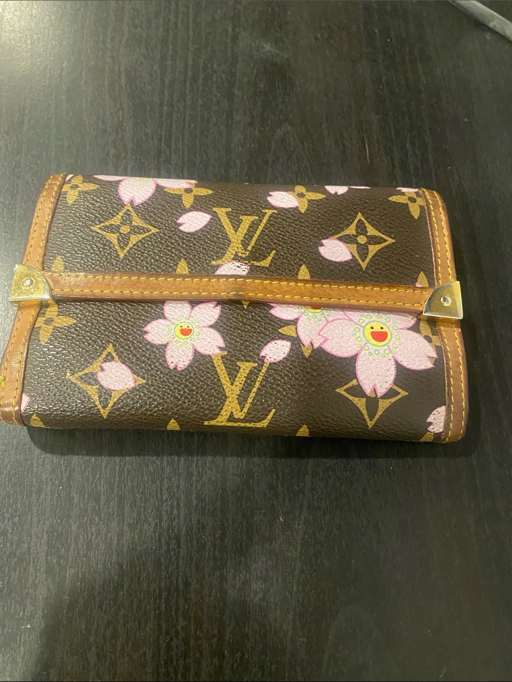 Louis Vuitton Brown Monogram Wallet with Pink Floral Motif